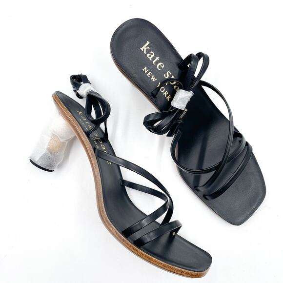 Kate Spade Charmer Sandals Black Leather Heels Square Toe Strappy Sz 9.5 - Picture 3 of 11